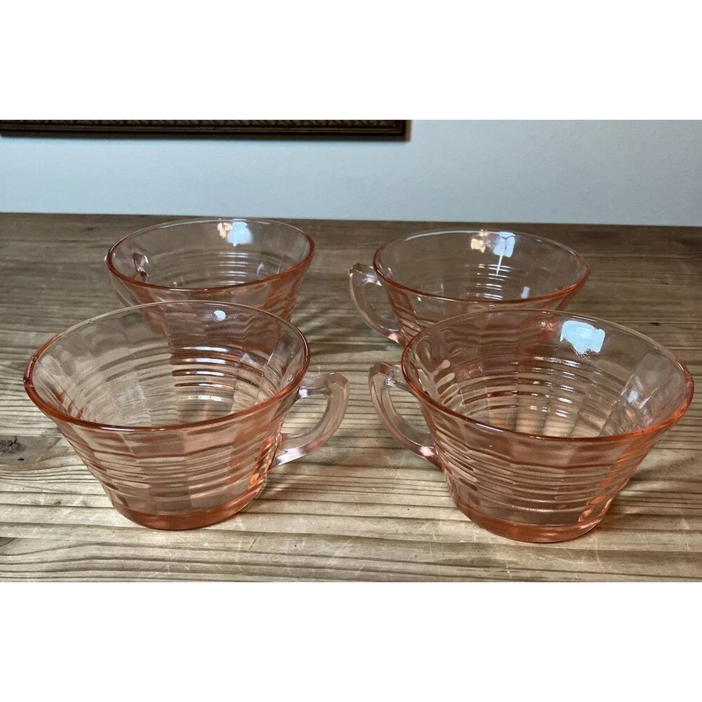 Vintage Pink Rings Depression Glass Cup Mugs Set Of 4 Art Deco Optic Design